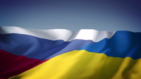 Animation-of-waving-combined-flag-of-russia-and-ukraine-with-blue-background