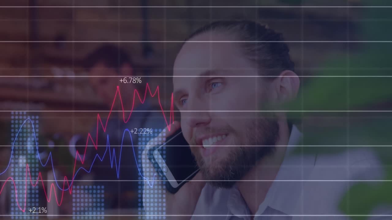 Animation of data processing with graph over caucasian man talking on smartphone