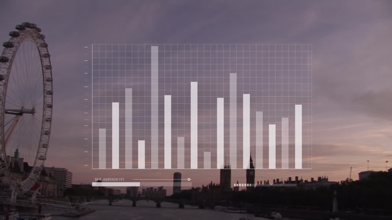 Animace zpracování finančních dat nad panoramatem Londýna