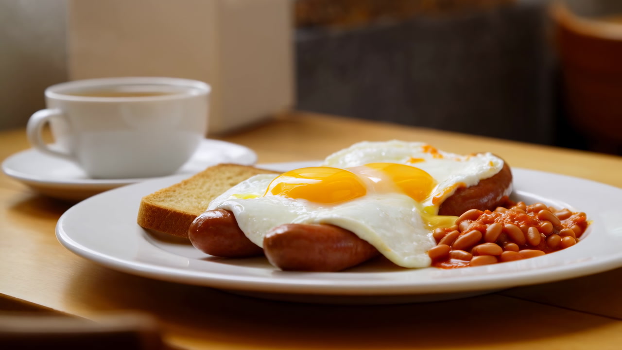 Sunlit Breakfast Plate With Fried Eggs, Toasted Bread And Baked Beans Beside Sunny Yolks, Steaming Coffee Cup