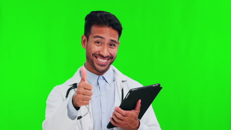 Tablet,-thumbs-up-and-doctor-happy-with-results