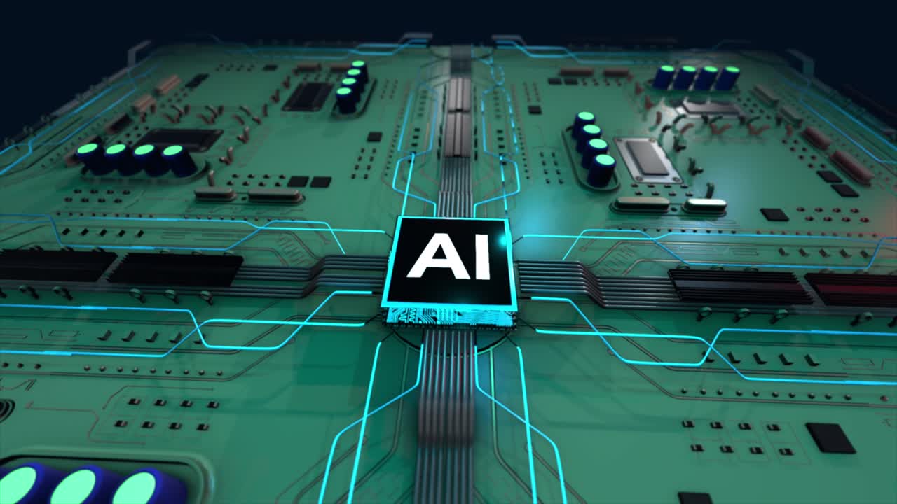 Deep-learning modern computer technologies. Astract futuristic electronic animation of Artificial Intelligence started to work. Motherboard CPU processor microchip.