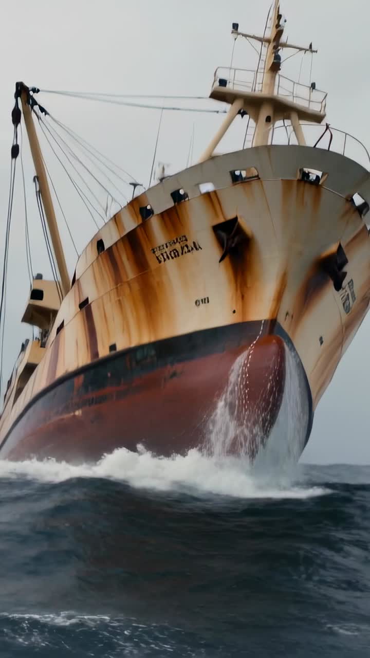 Vídeo vertical: Onda quebrando na proa, navio enferrujado navegando em mar agitado, mostrando âncoras