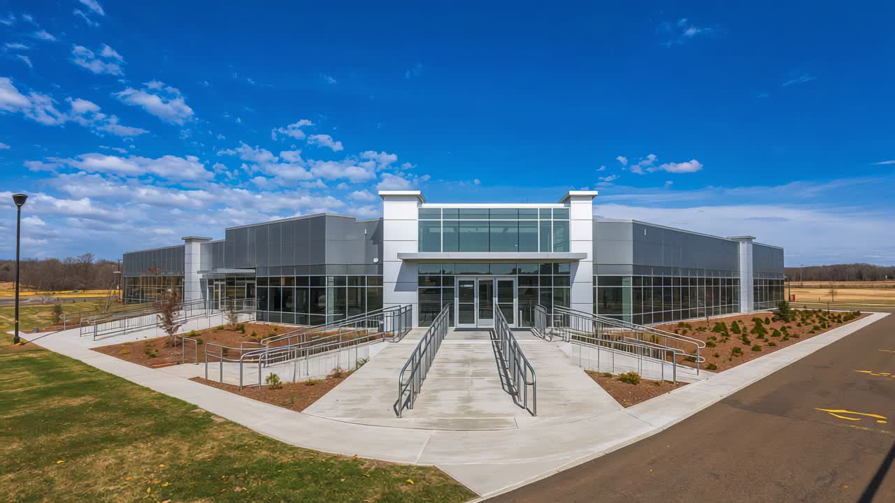 Moving camera forward framing building entrance at suburban lot, highlighting ramps and handrails