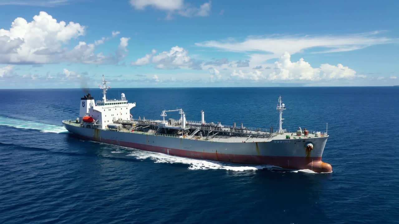 Dron siguiendo un gran buque cisterna surcando el océano abierto, revelando la estela, la proa, el mástil y monitoreando.