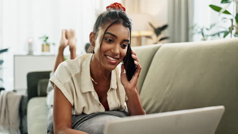 Laptop,-phone-call-and-funny-woman-on-sofa