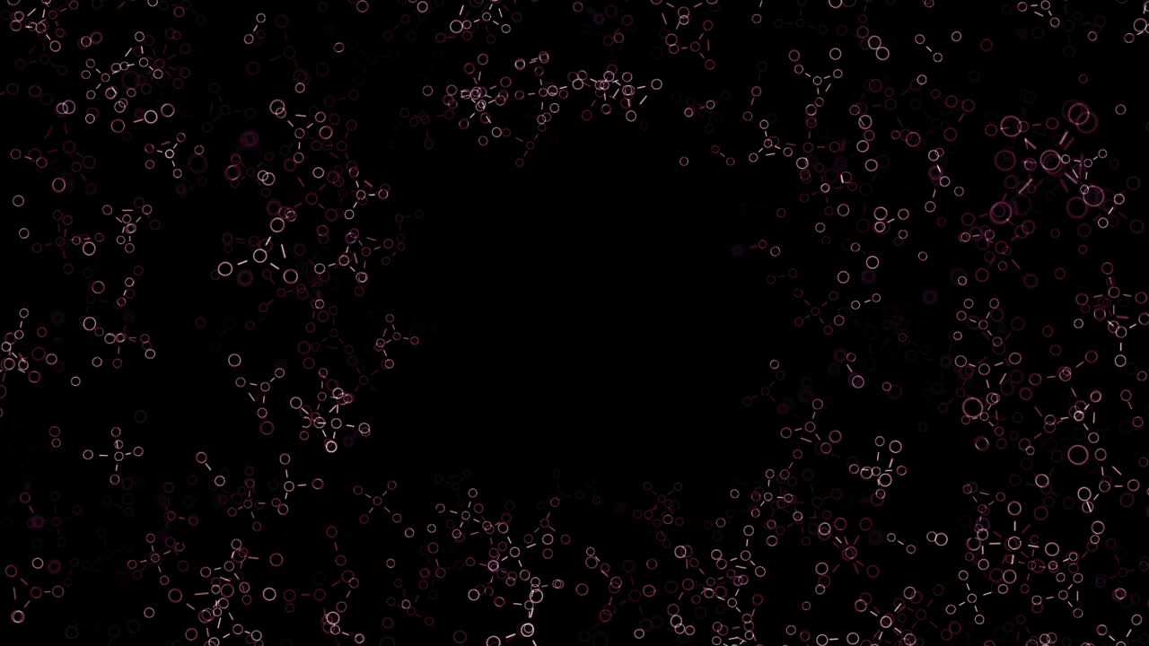 검은색 바탕에 반지를 만드는 추상적인 색의 화학적 공식, 원활한 루프, 애니메이션, 과학과 의학의 개념