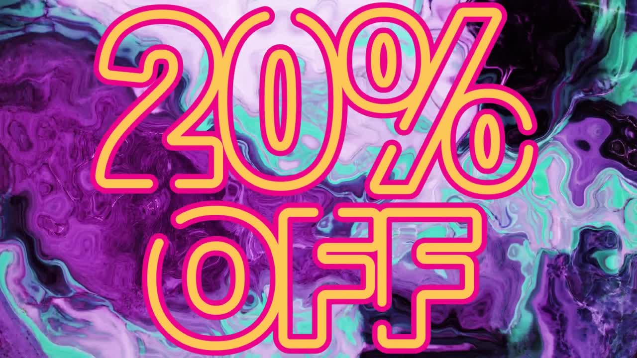 animación de texto amarillo y rosa un 20% de descuento sobre el rojo y el azul giratorios