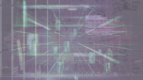 rastros de luz, procesamiento de datos y contra ecuaciones matemáticas flotando contra un fondo gris