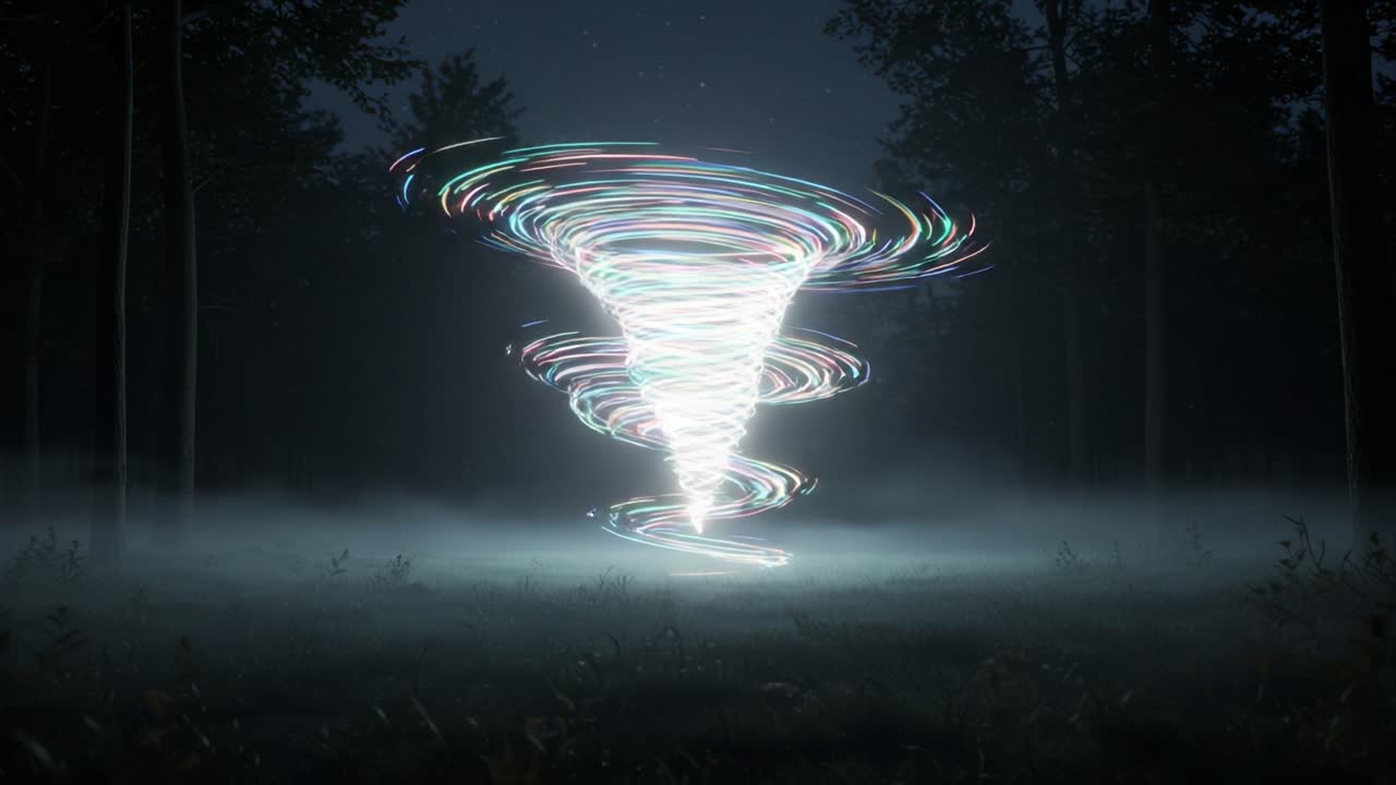 A mesmerizing visual phenomenon unfolds as a swirling vortex of light spirals upwards, illuminating the dark forest landscape with vibrant colors and dynamic motion