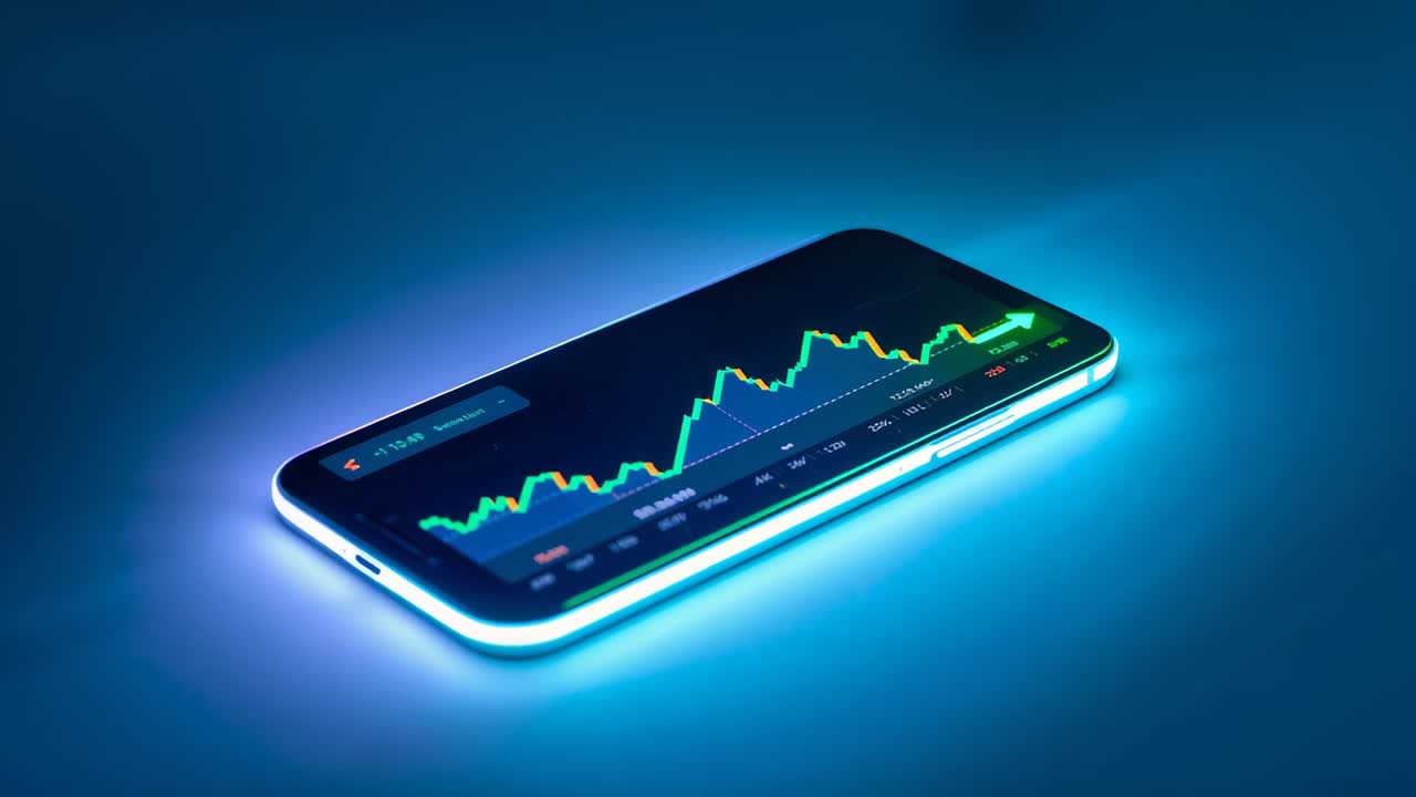 Animeret smartphone-skærm, frame, der viser markedsdiagram på blåt bord, LED-kant lyser