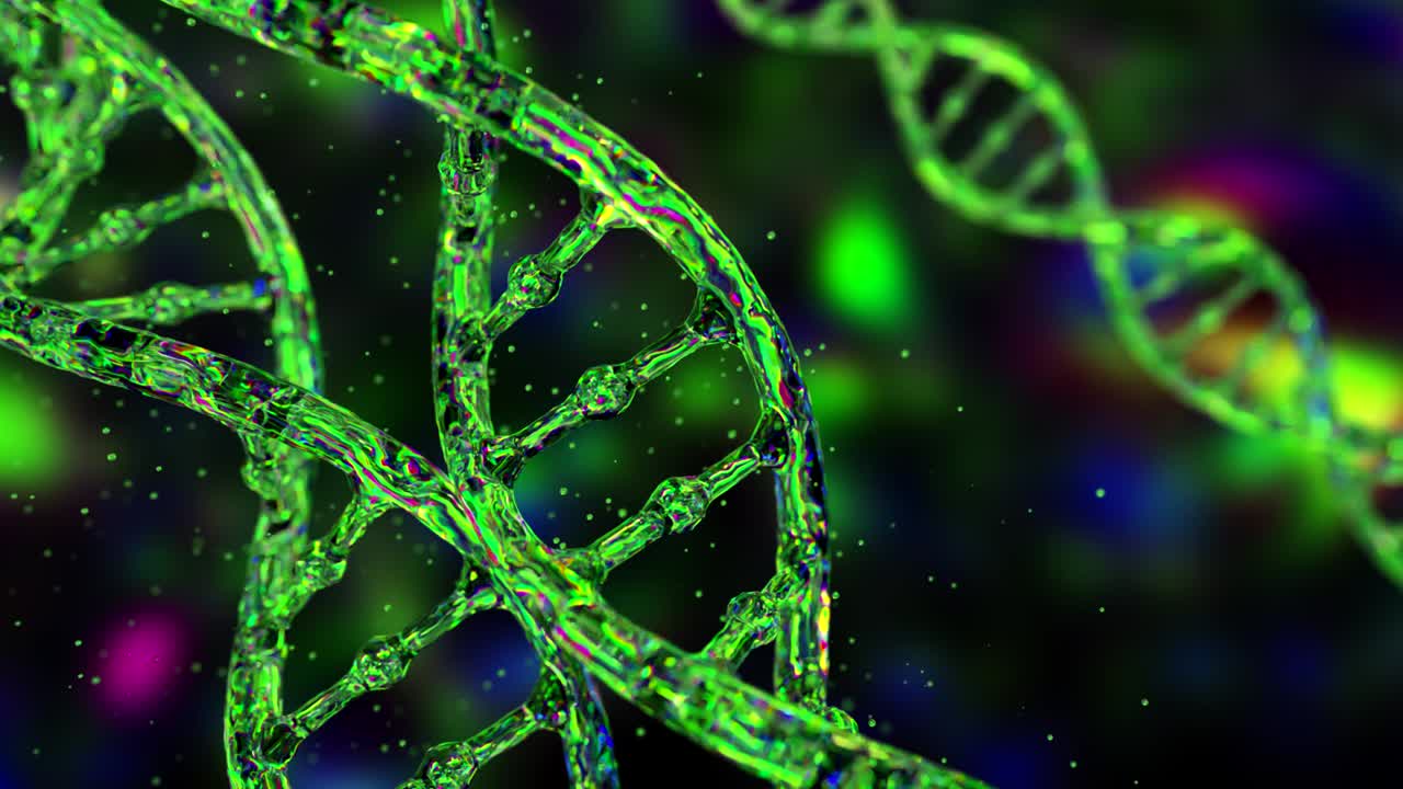 adn abstracto en un fondo oscuro. el holograma de adn brilla y brilla con colores iridescentes. conceptos de ciencia y medicina.