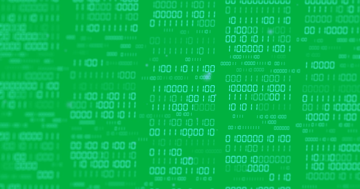 Animation of blue binary data processing with light spots on transparent background