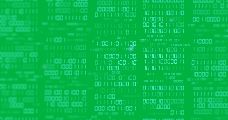 Animation of blue binary data processing with light spots on transparent background