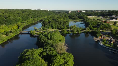 Vivid-Gallup-Park-in-Michigan,-USA,-aerial-drone-view