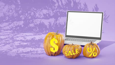 venta de otoño de calabaza, espacio en blanco en la pantalla de la computadora portátil para texto, fondo púrpura, sombras de árboles