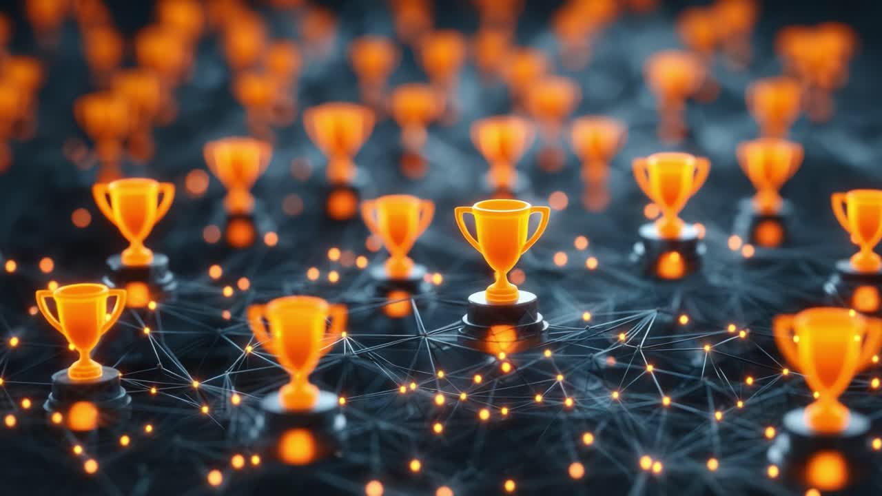 A Vibrant Array of Golden Trophies Glimmering on a Networked Background, Symbolizing Achievement and Success in a Digital Realm