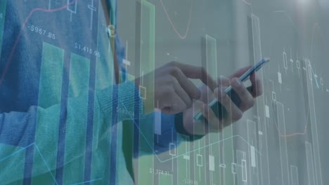 animación de estadísticas y procesamiento de datos financieros sobre el hombre utilizando teléfonos inteligentes