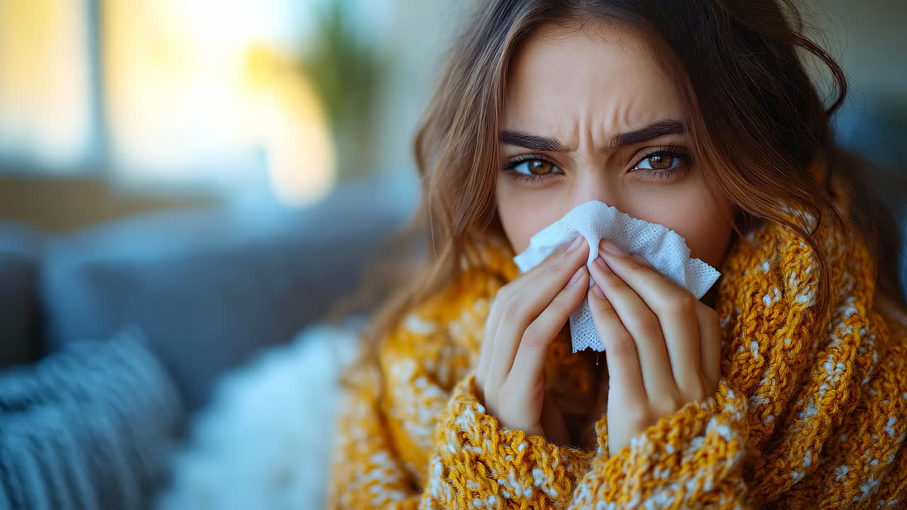 Sick woman with tissue in hands. A young woman wrapped in a scarf holding a tissue with a sad expression