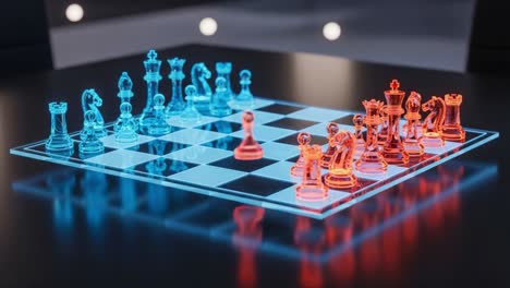 a stunning visual contrast of blue and red chess pieces on a sleek glass board, showcasing strategic gameplay and elegant design