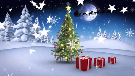 iconos de estrellas y copos de nieve cayendo sobre el árbol de navidad y regalos en el paisaje de invierno contra el cielo nocturno