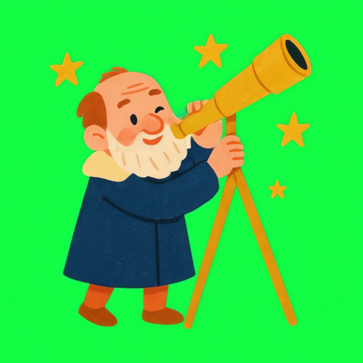 Animoitu kuvitus iäkkäästä miehestä katsomassa kaukoputkella