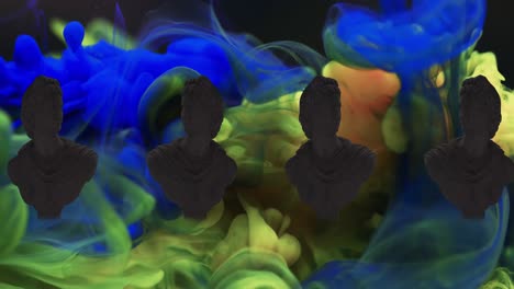 animation of sculptures and colourful smoke clouds on black background