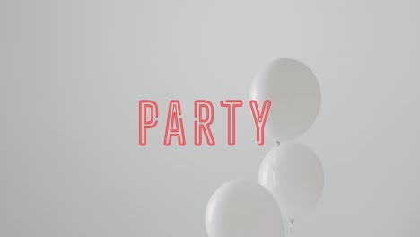 animation of party text over party white balloons in background