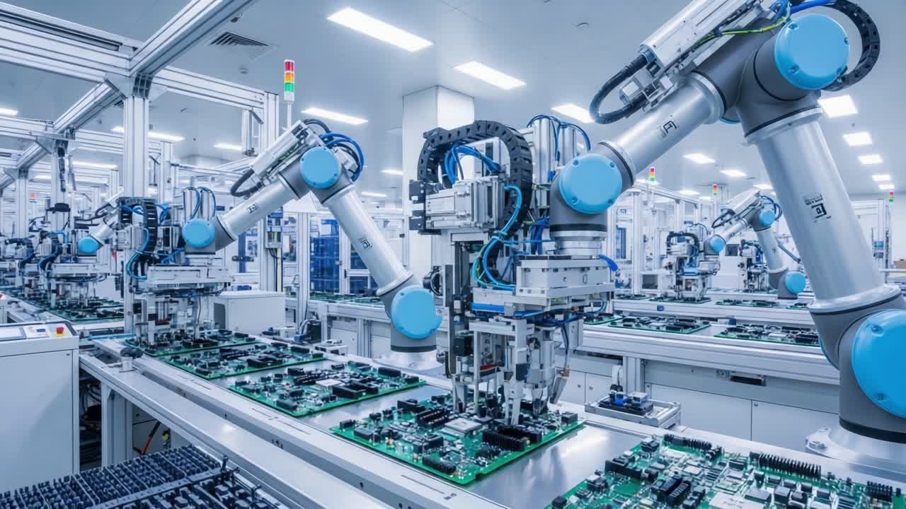 A High-Tech Automated Assembly Line Featuring Advanced Robotic Arms in a Modern Manufacturing Facility, Streamlining Electronic Component Production Efficiently