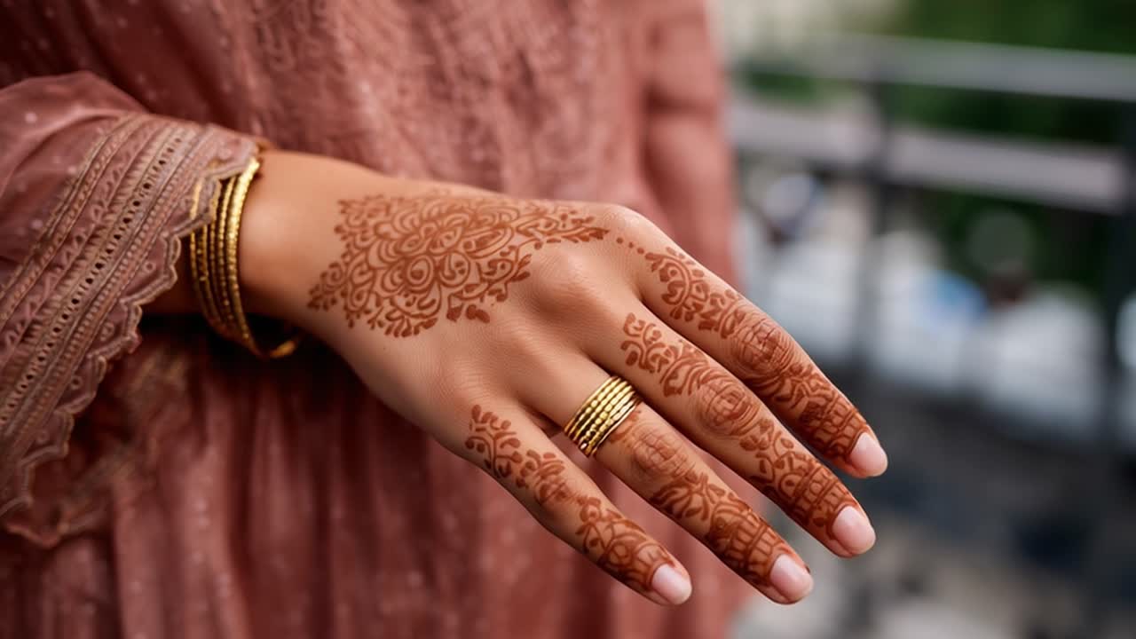 Close-up of Woman's Hand with Intricate Henna Design and Gold Jewelry