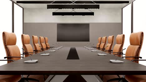 modern meeting room, dark wood table, brown leather chairs.