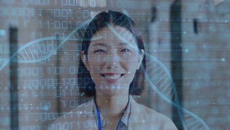 animation of data processing and dna strands over asian female doctor working in hospital