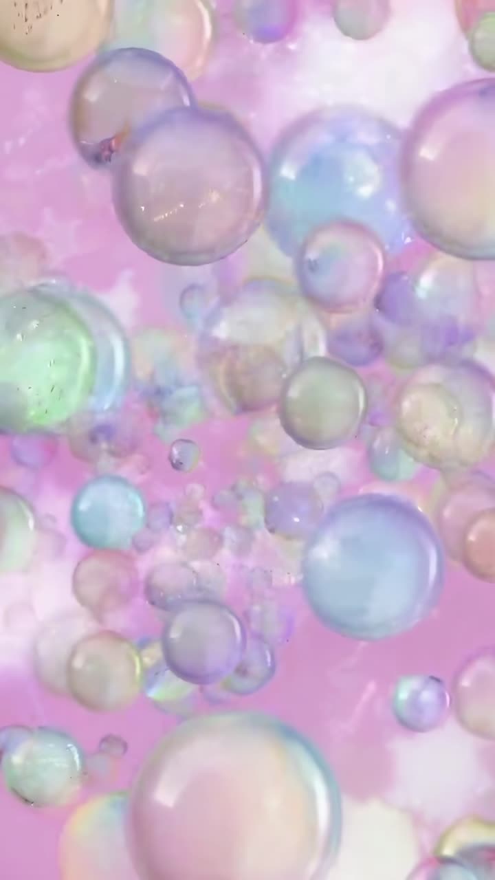Colorful iridescent bubbles float against a pink backdrop, captured in a vertical video