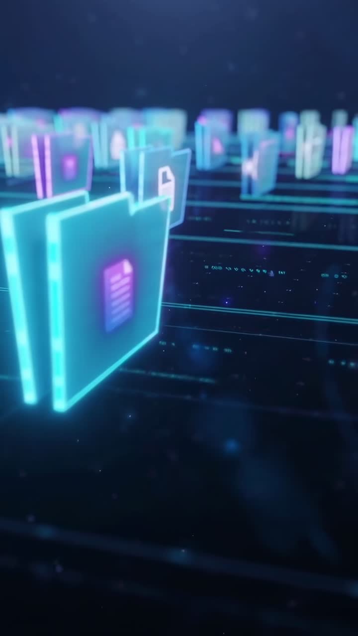 Futuristic digital folders in a 3D space, viewed from a low angle, perfect for tech videos