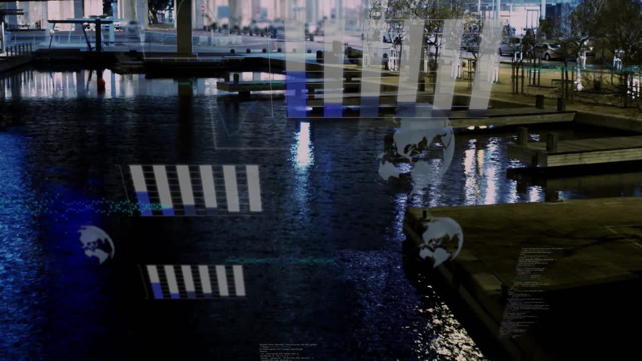 Graphs and world map animation over urban waterfront at night