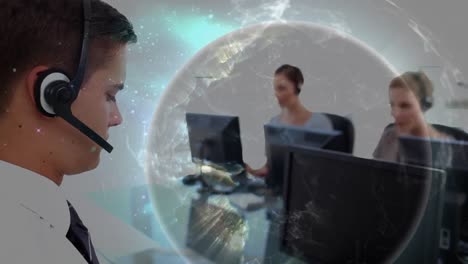 animation of network of connections with globe over business people using phone headsets