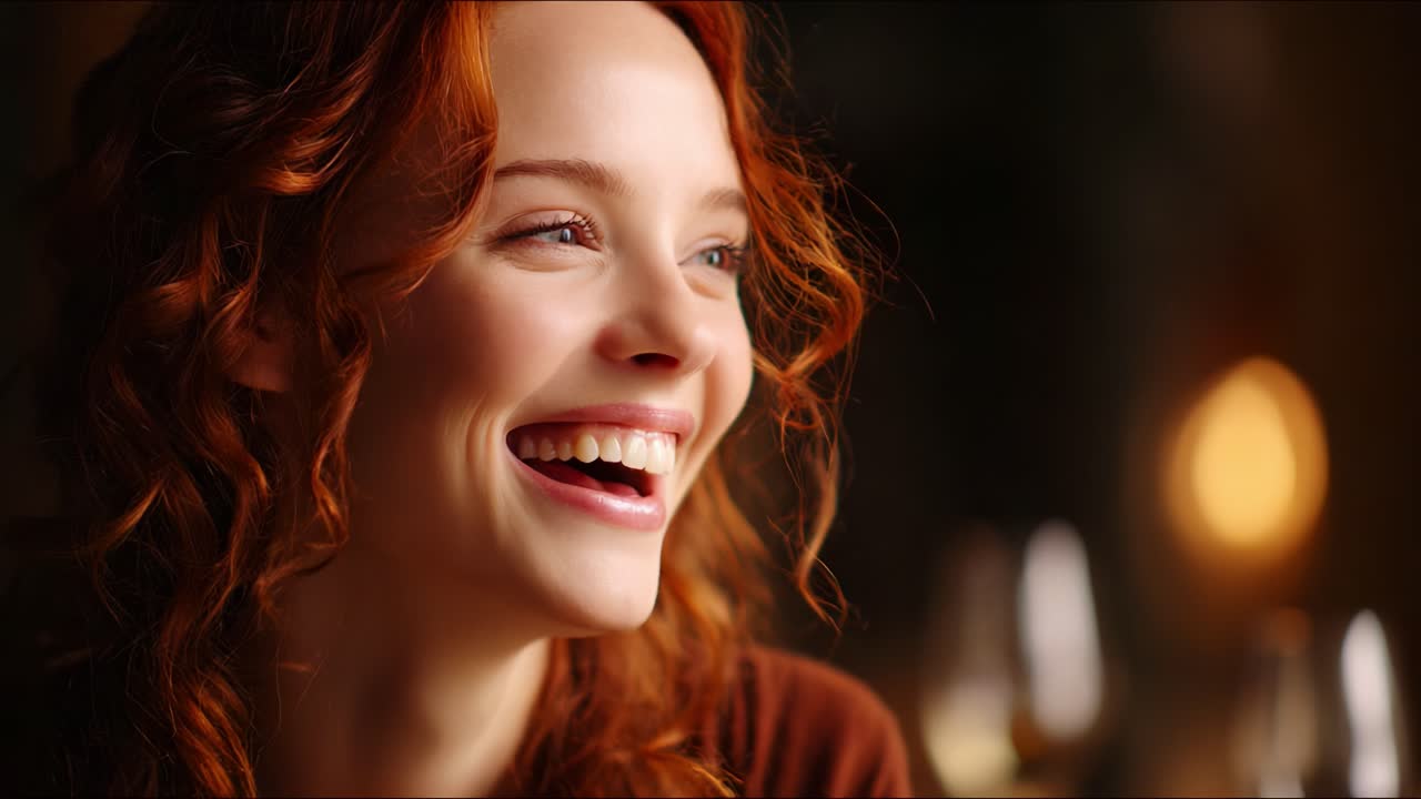 Capturing Joy: A Close-Up of a Beautiful Woman with Radiant Red Hair and a Glistening Smile, Reflecting Happiness in a Warm, Cozy Atmosphere Breathing Life into Their Surroundings