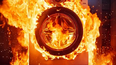 a burning washing machine in the middle of a kitchen