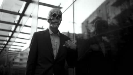 man in skull mask business suit