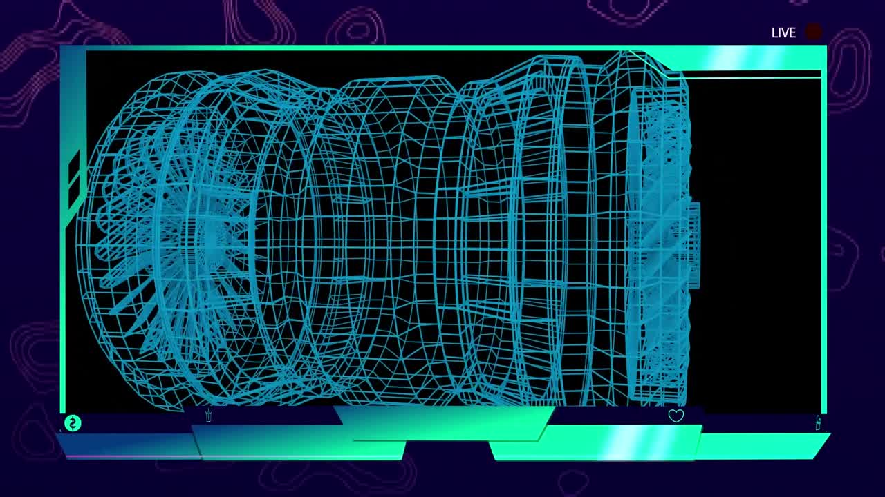 animación del motor 3d girando con marcadores en la pantalla sobre un fondo púrpura