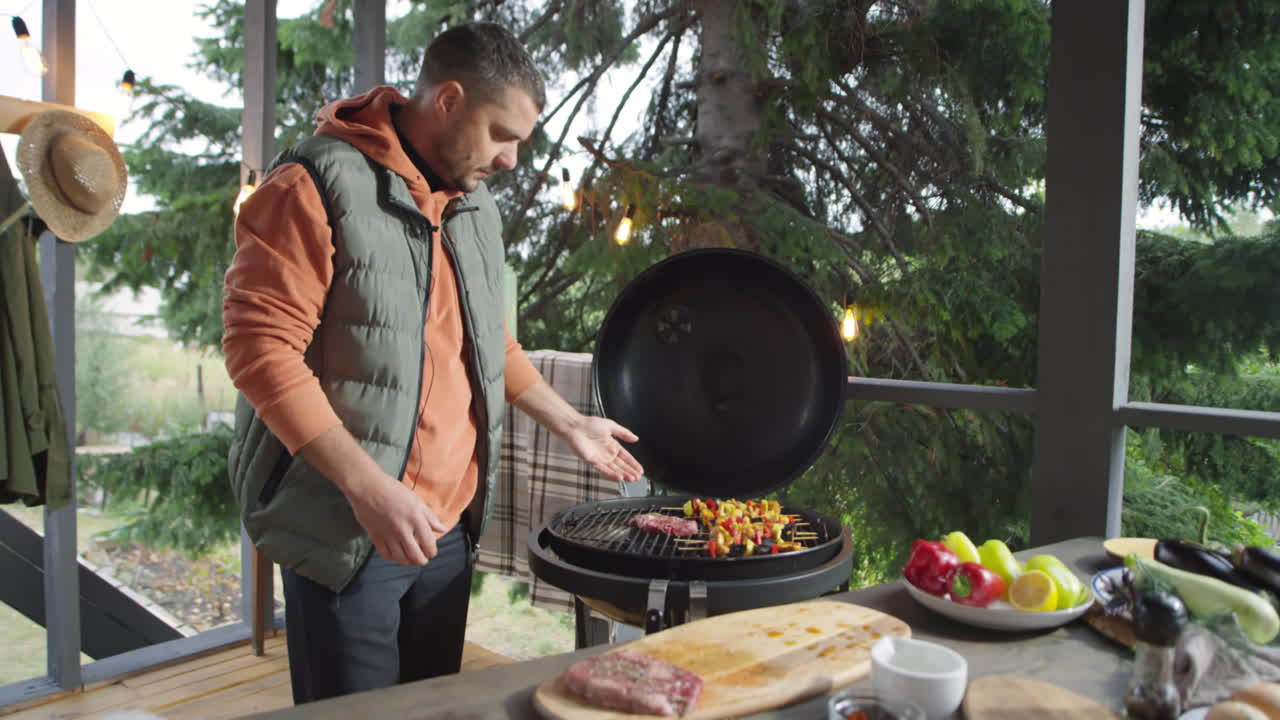 Food Blogger Cooking BBQ on Terrace