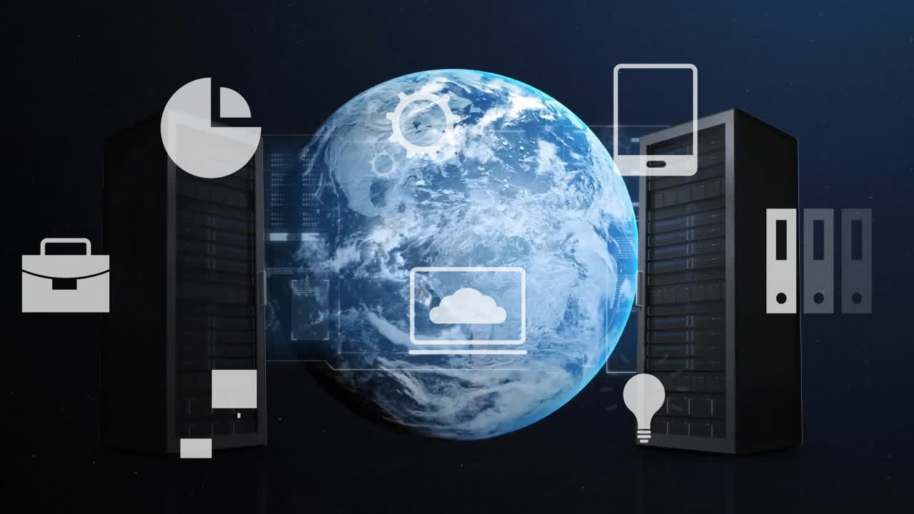 animacja ikon i przetwarzanie danych na globie na czarnym tle