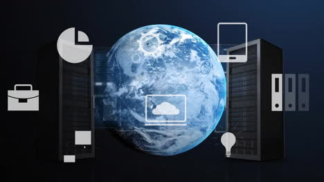 animation of icons and data processing over globe on black background
