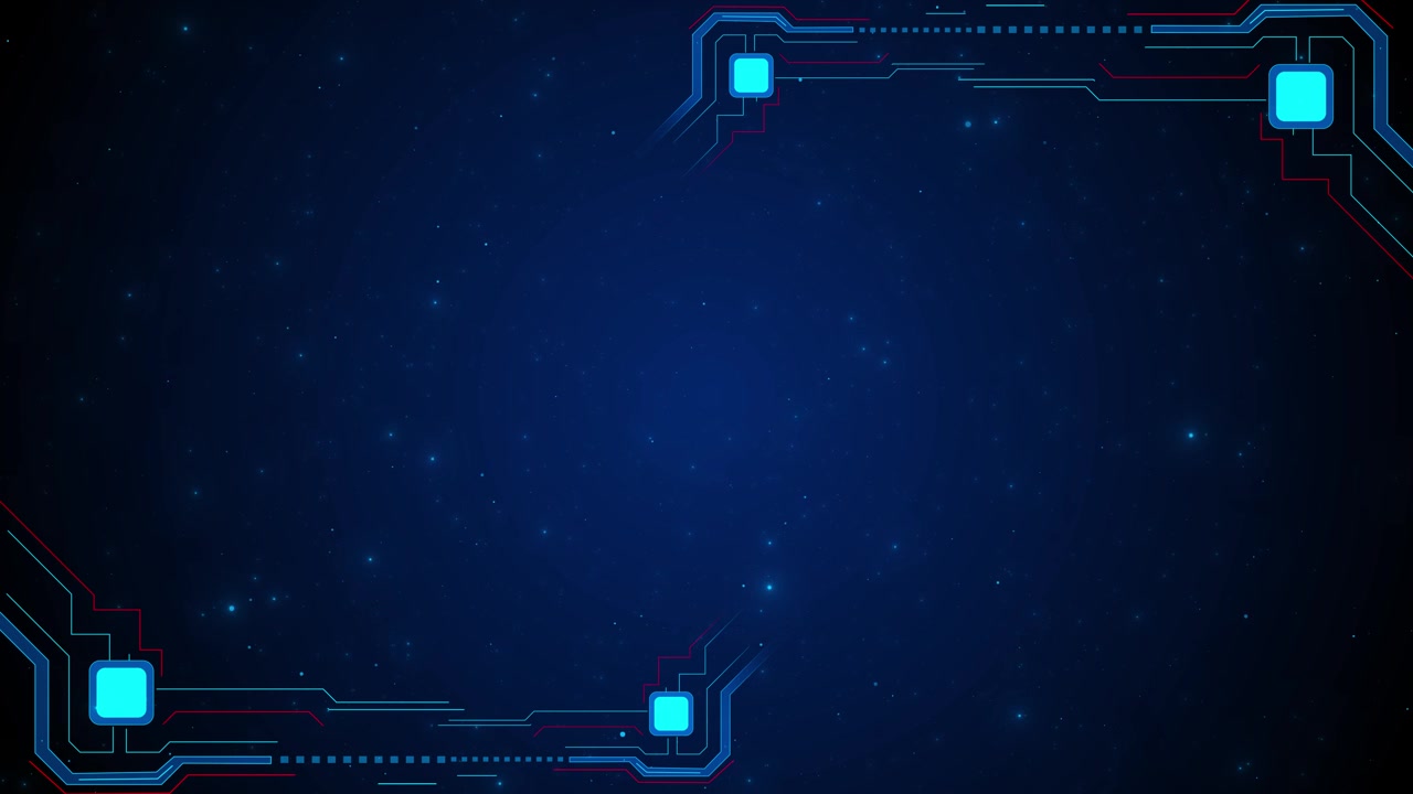 Futuristic digital circuit frame glowing blue nodes minimal starfield background clean high tech