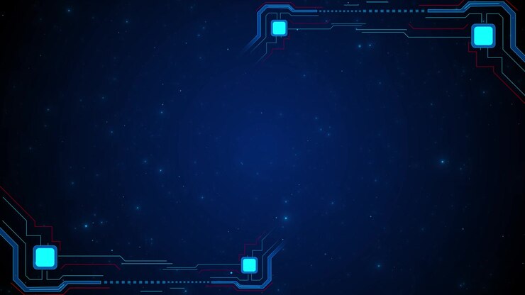 Cornice di circuito digitale futuristica, nodi blu luminosi, sfondo stellato minimale, alta tecnologia pulita.