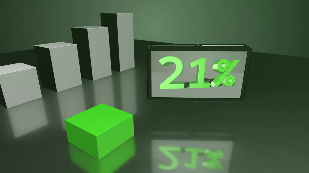 diagrama de barras 3d verde con pantalla de hasta el 61%