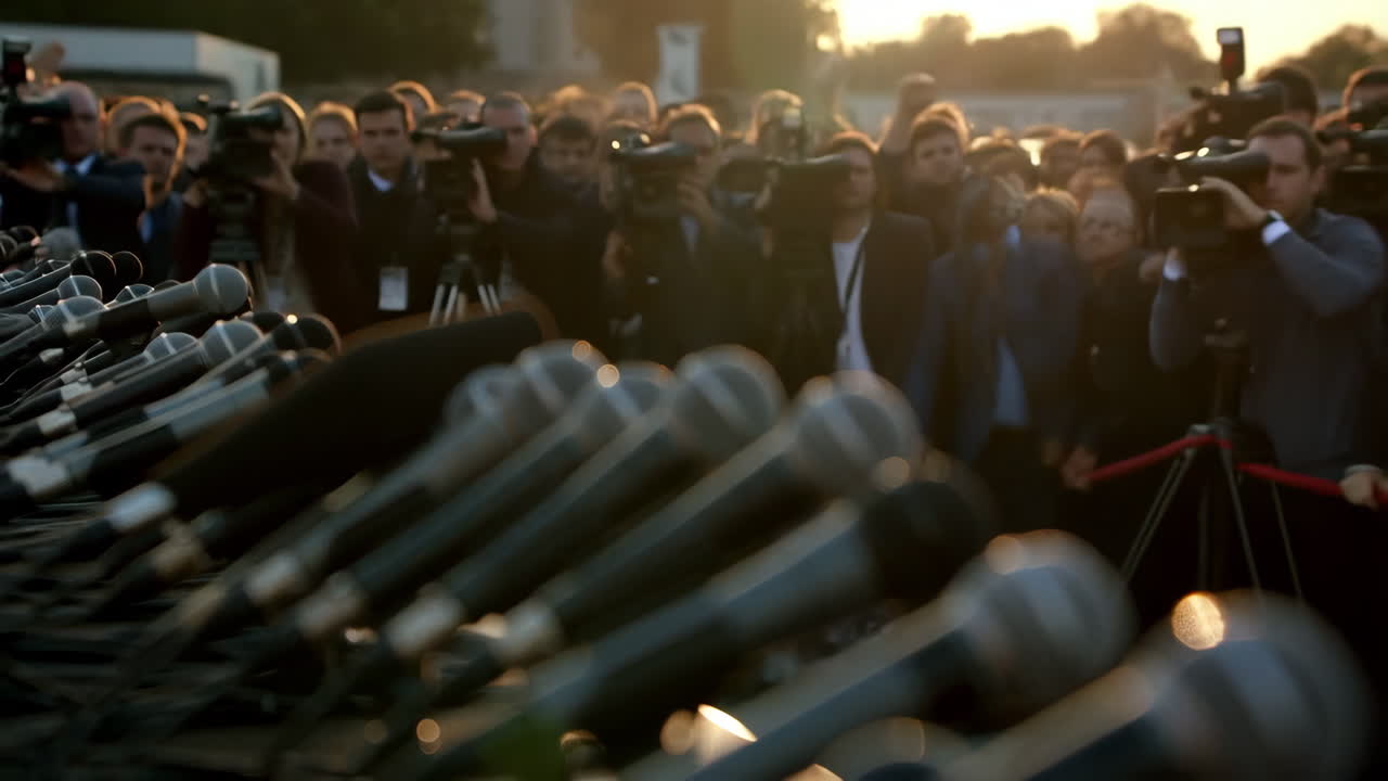 Multiple microphones set up for a press conference with a blurred crowd in the background