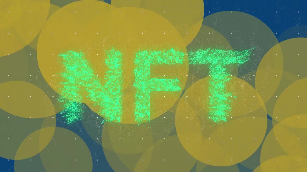파란색 배경의 노란색 점 위에 nft의 애니메이션