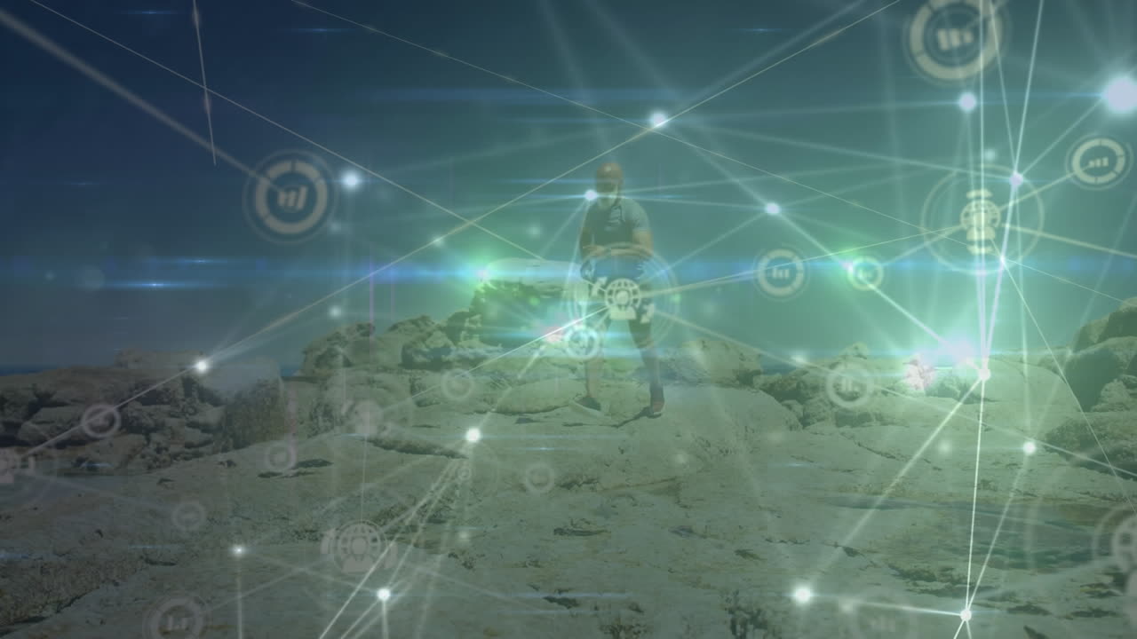 animación de una red de conexiones sobre un hombre afroamericano corriendo en la playa