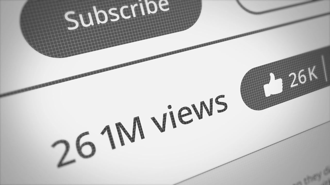 Contador de milhões de visualizações enquanto as pessoas assistem a vídeos se tornando populares, virais e em alta em sites e players de streaming de vídeo de redes sociais. Interface de site aumentando visualizações e curtidas, criando burburinho e fama